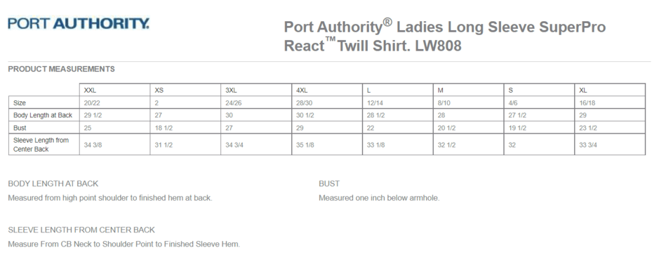 Size chart for a LW808 Port Authority Ladies Long Sleeve SuperPro React Twill Shirt